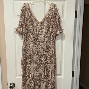 Macys Elegant Sequin Gown in Beige and Rose Gold- Prom, Quinceañera, Wedding